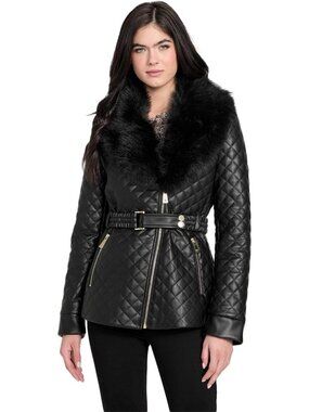 Guess Women's Jet Black Oprah Fur Collar Diamond Imported Faux Leather Jackets